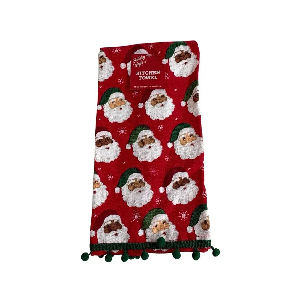 Christmas Santa Clause Kitchen Red Towel With Green Pom Poms Snowflake Diverse